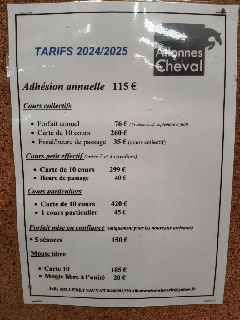 TARIFS COURS 2025